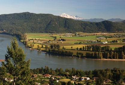 Aerial view of Mount Baker and Fraser Valley near Abbotsford, BC
